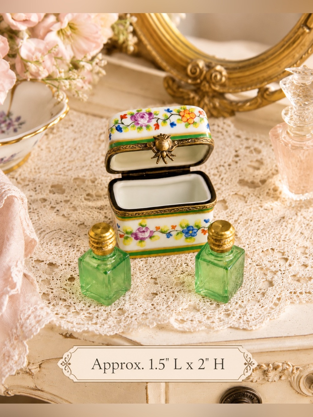 Floral Porcelain Trinket Box with Two Green Glass Bottles